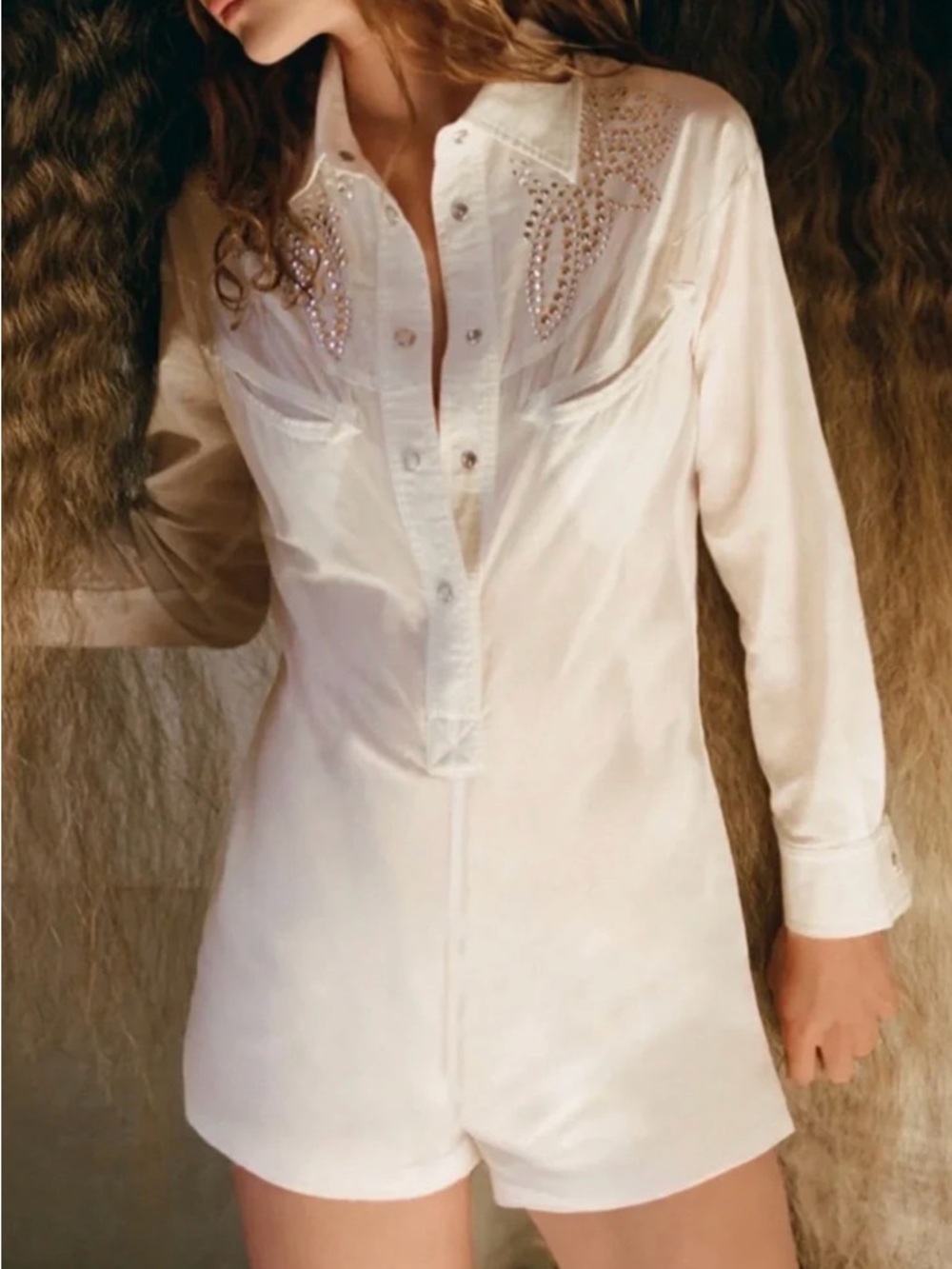Understated Leather West of Boho White Rhinestone Romper Large Western